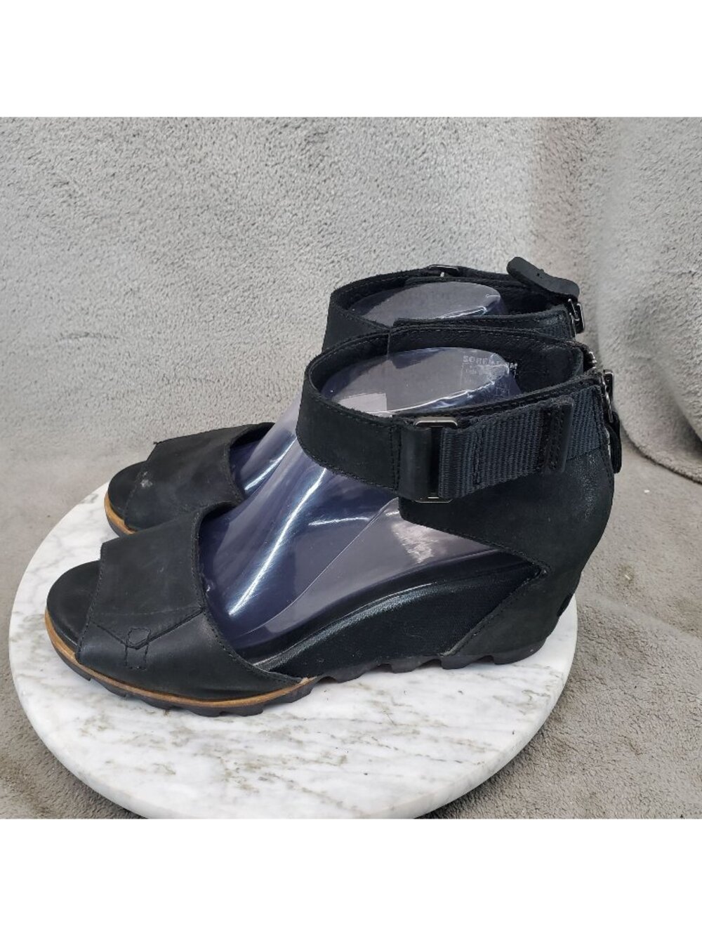 Sorel Shoes Womens Size 10 Leather Joanie II Black Leather Wedge Sandals *Read*